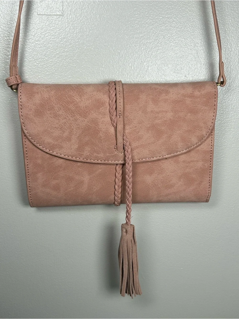 Anthropologie Envelope Suede Crossbody Boho Tassel Bag Pink
